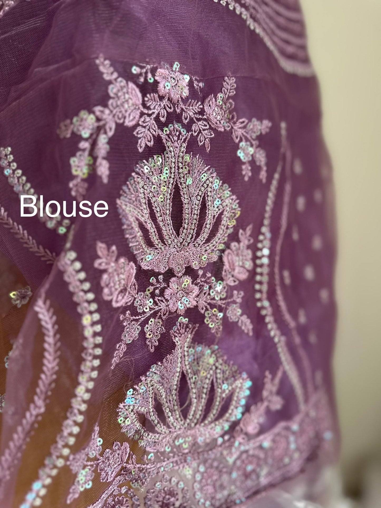 Shaded chiffon party wear Saree with stunning sequin stone embellished border. Lilac purple and mango orange soft lustre saree for occasion