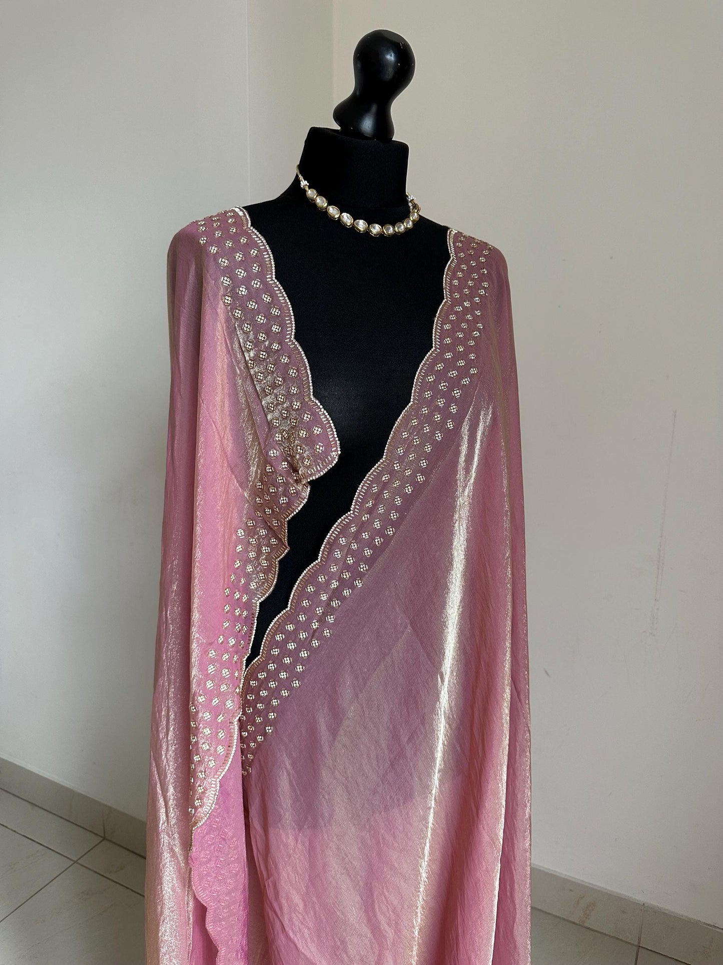 Pink party bridal saree with embellished scalloped border. Soft chiffon versatile saree thats perfect for parties and evening events.