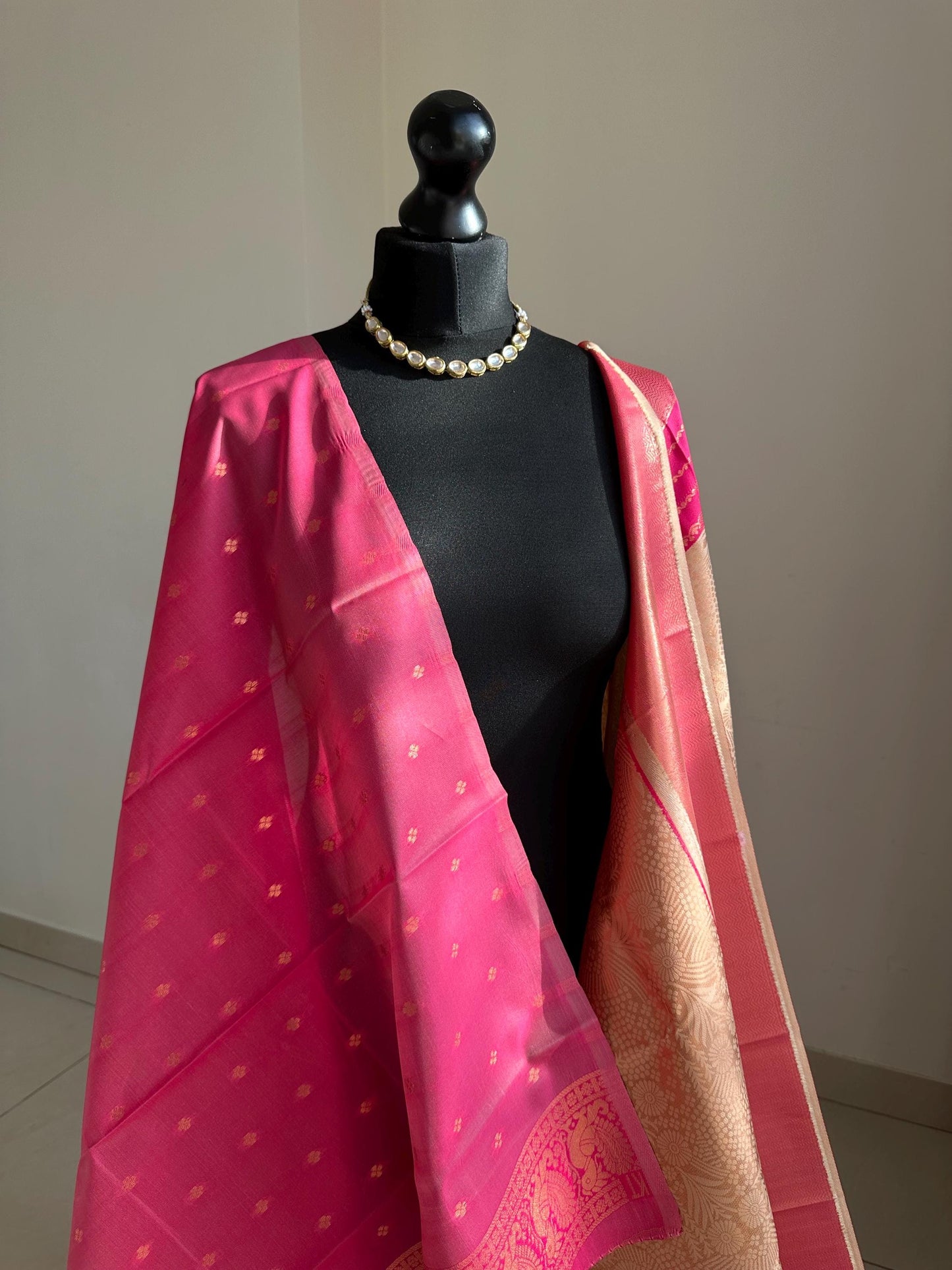 Pink and cream semi silk saree: Gold Zari Border, Unstitched Blouse