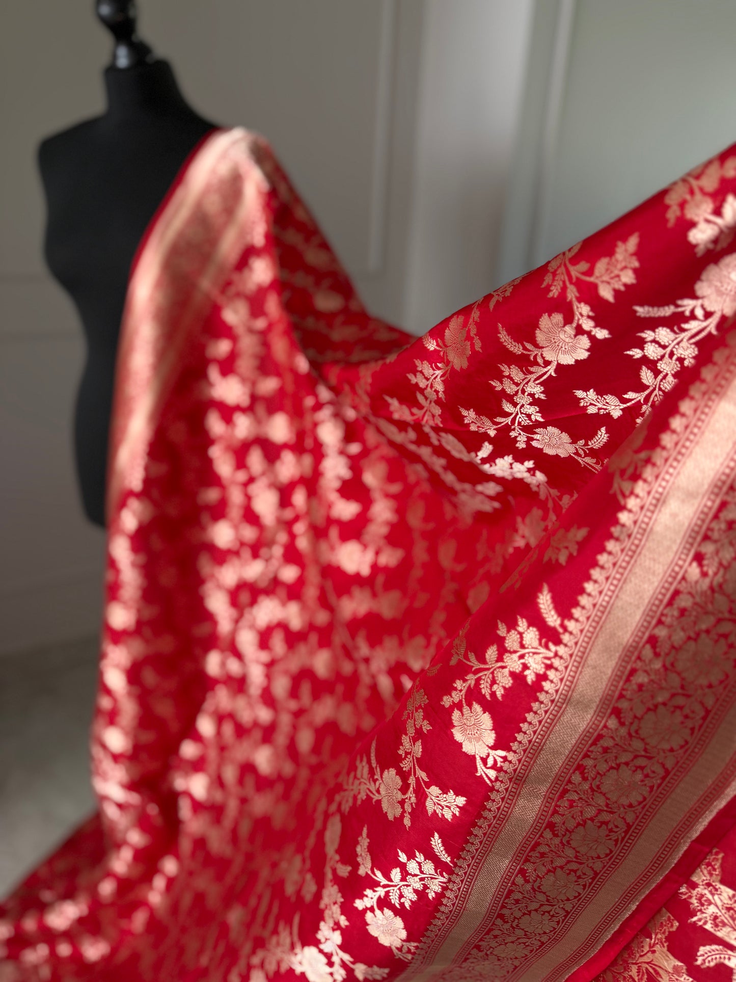 Pure Banarasi silk koorai saree in true red with gold zari handwoven Kadhua wedding saree bridal and festive wear