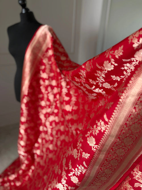 True Red Pure Banarasi Koorai Saree with Gold Zari