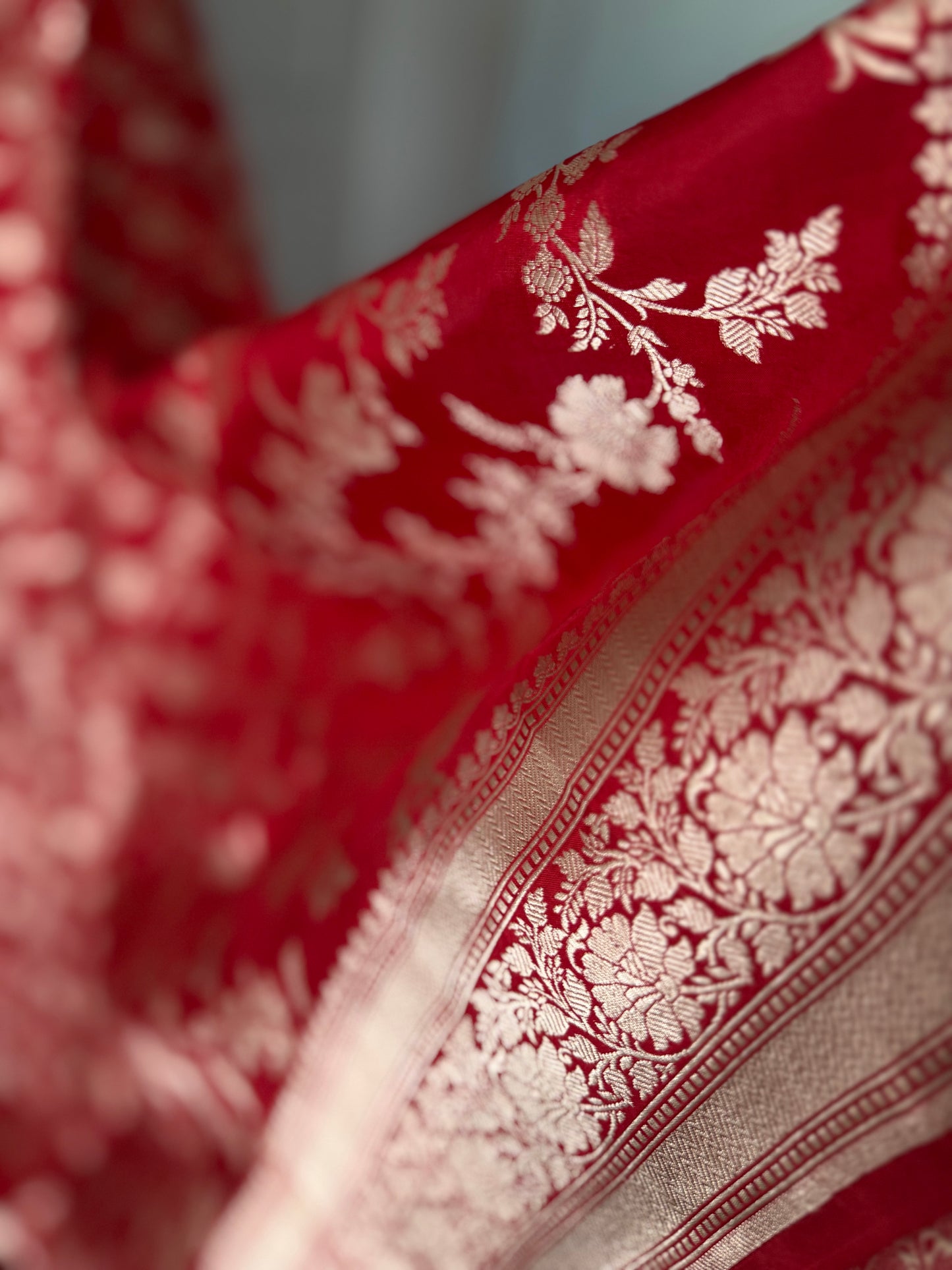 Pure Banarasi silk koorai saree in true red with gold zari handwoven Kadhua wedding saree bridal and festive wear