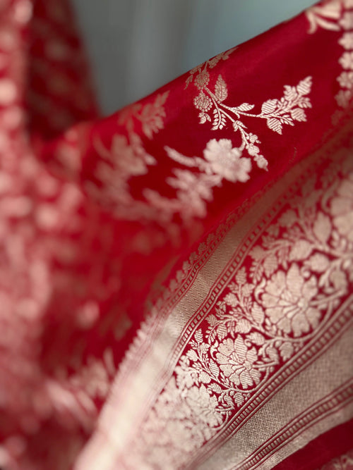 True Red Pure Banarasi Koorai Saree with Gold Zari