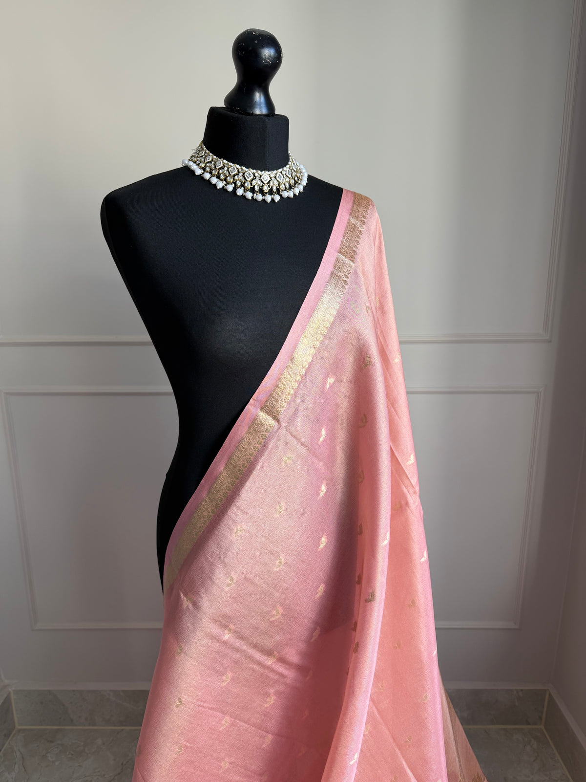 Romantic tissue silk saree in pretty pink and gold zari
