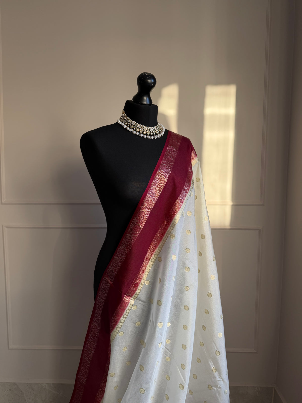 Off white double gold and maroon border saree with gold zari