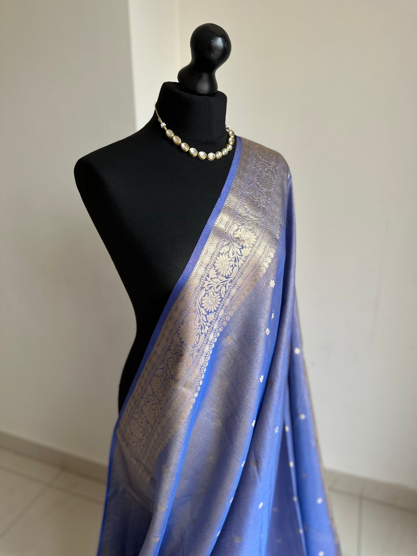 Blue banarasi tissue silk saree with gold zari border