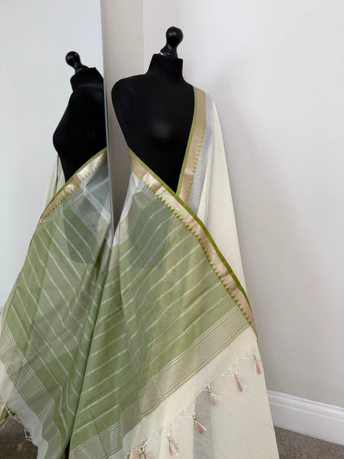 White Cotton Saree with Green Zari Border