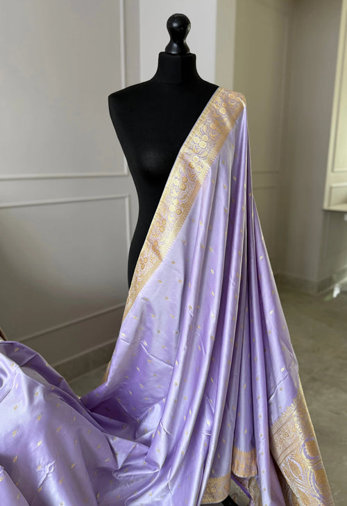 Soft Lilac Banarasi Silk Saree with Gold Zari