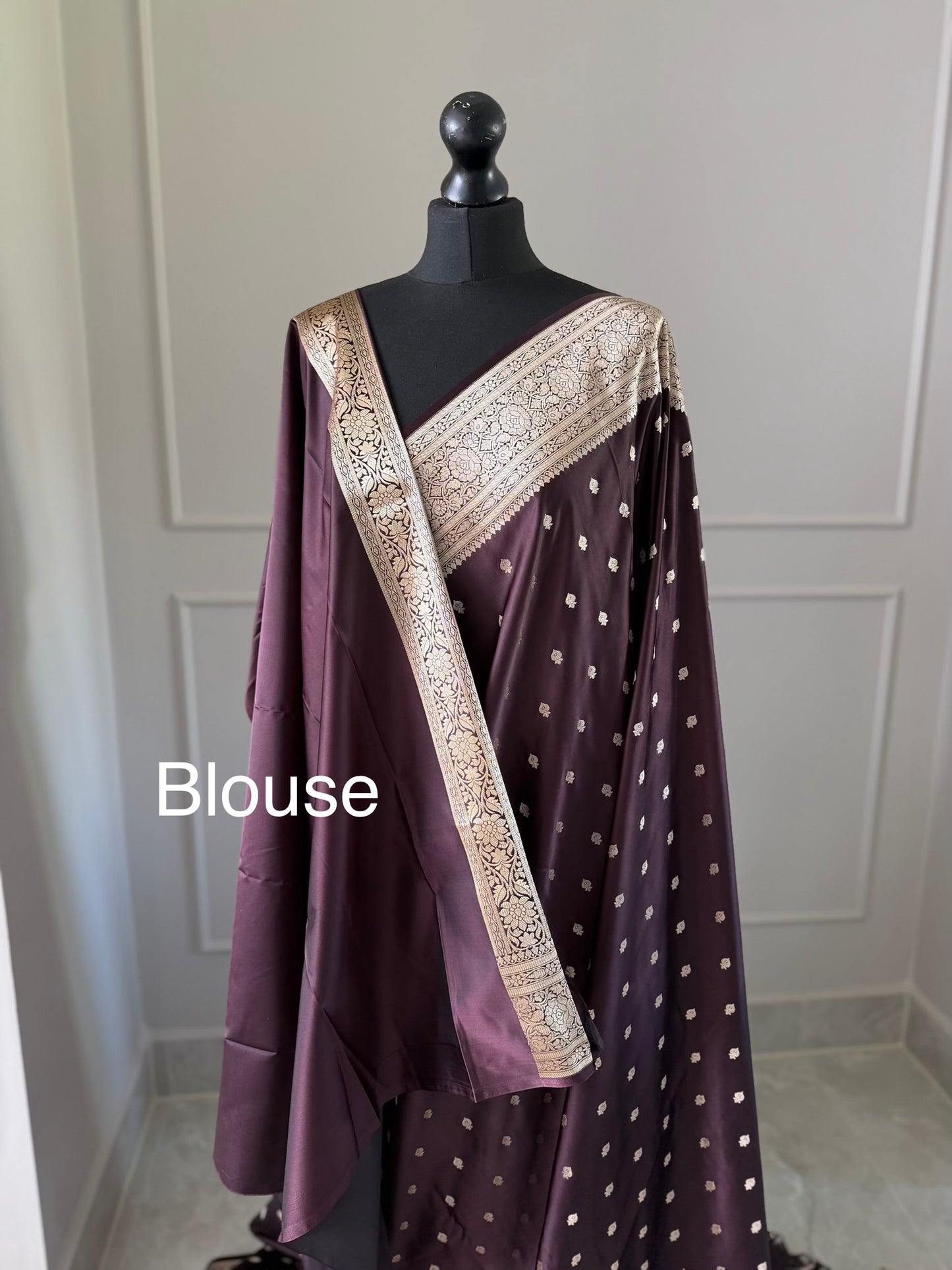 Deep mauve purple and gold katan semi silk wedding saree with  gold zari. Stunning soft and elegant saree for bridal and occasion wear