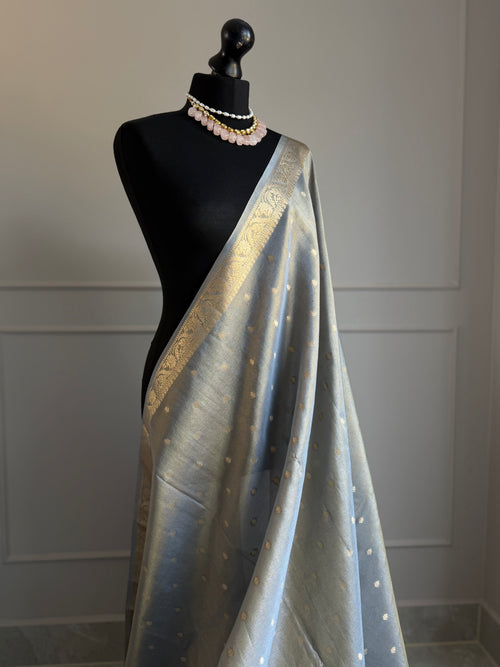 Silver Grey Tissue Silk Saree with Gold Zari