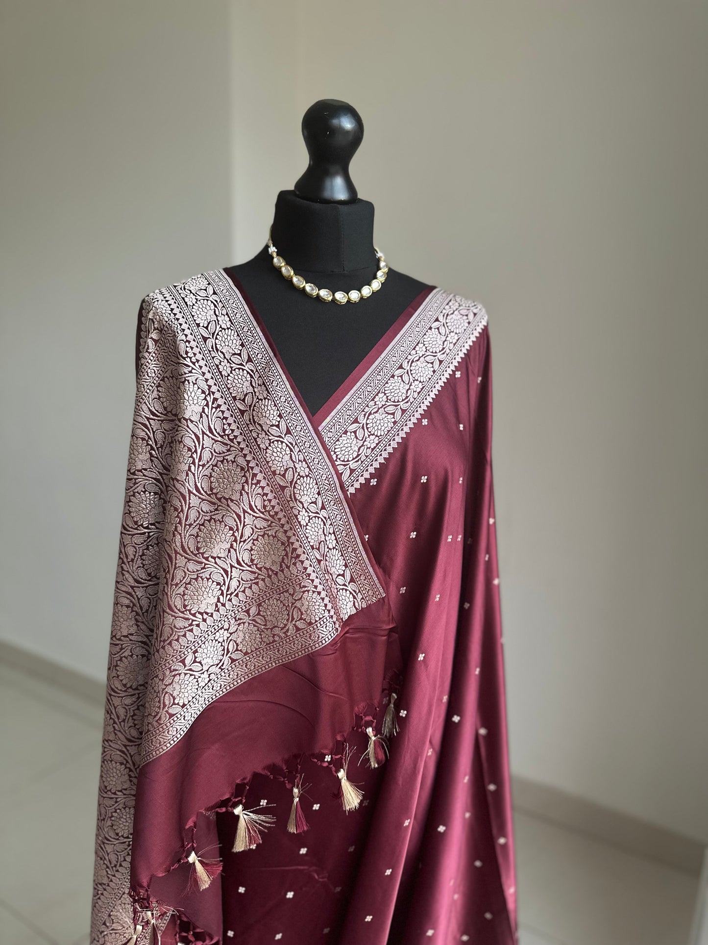 Banarasi katan silk wedding saree in maroon, with champagne gold Zari