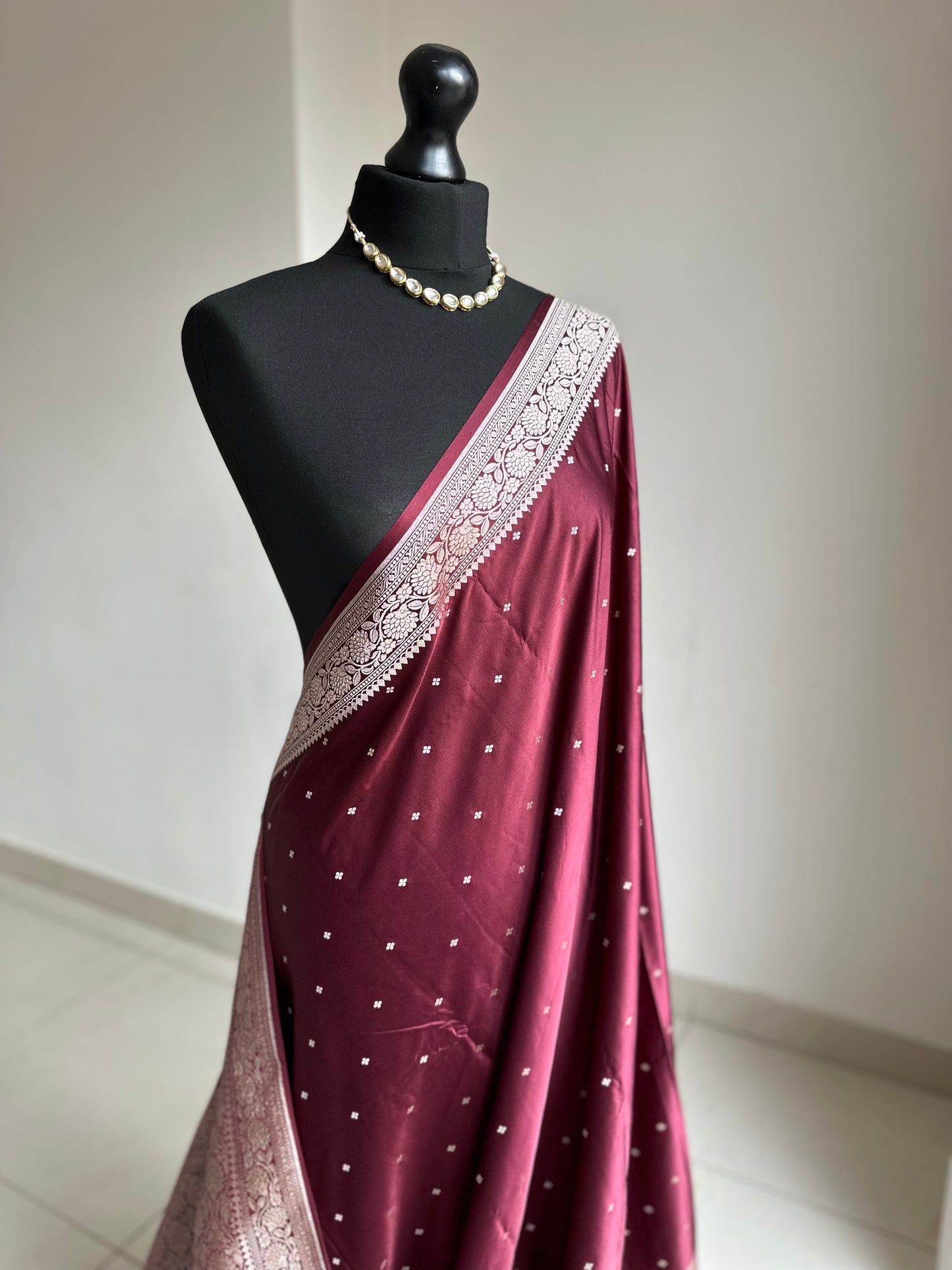 Banarasi katan silk wedding saree in maroon, with champagne gold Zari