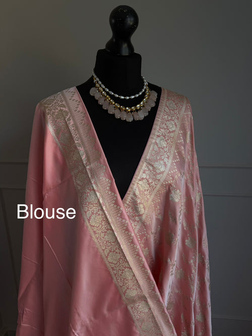 Muted Peach Pink Banarasi Saree with Champagne Gold Zari