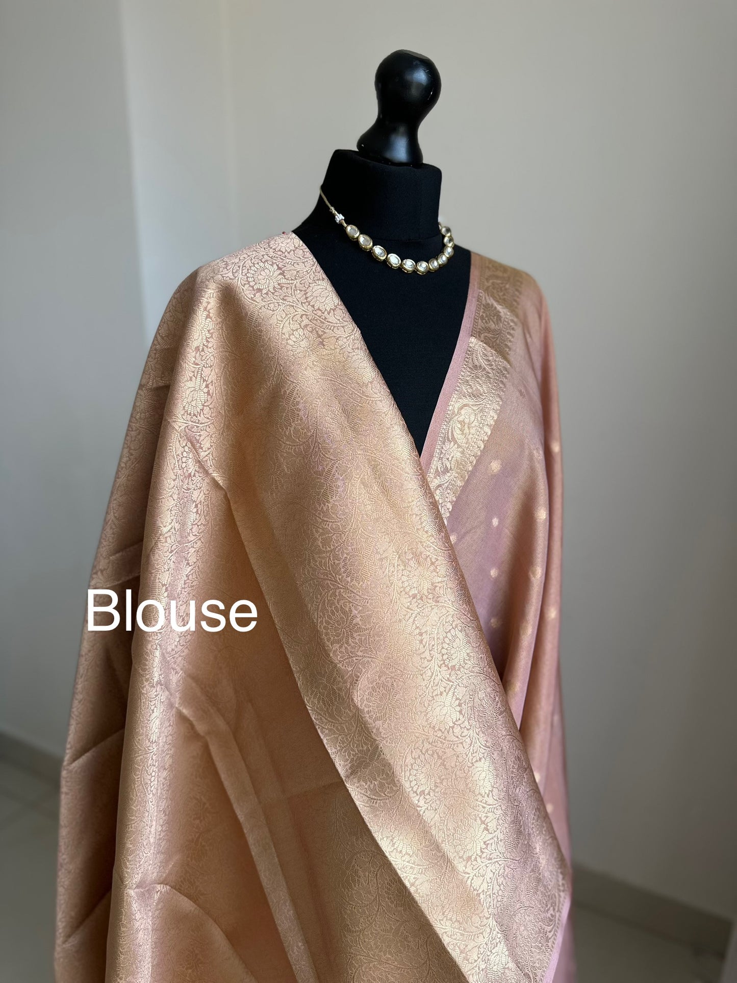 Dual-toned pink and Gold Tissue Saree: Soft to drape with zari border and buta, Unstitched brocade Blouse, Wedding Events