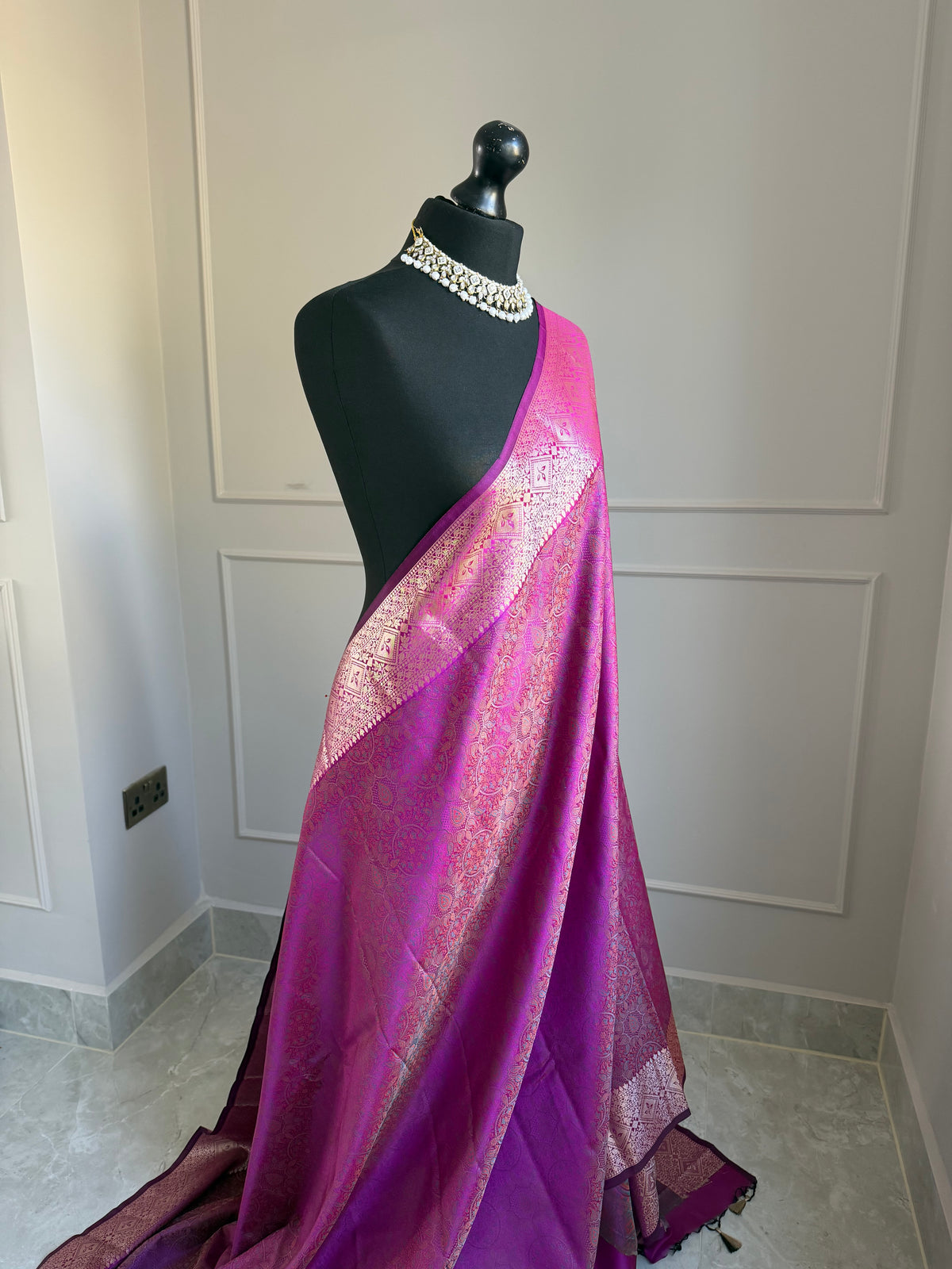 Magenta Jamdani weave soft silk saree