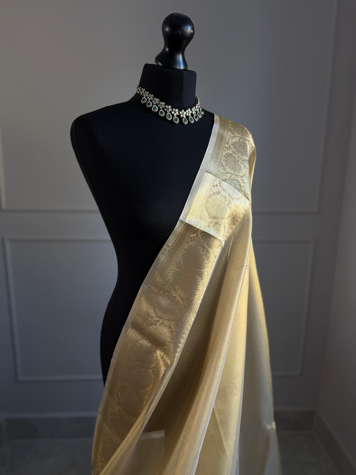 Gold tissue organza with zari border. Soft easy drape saree for all events