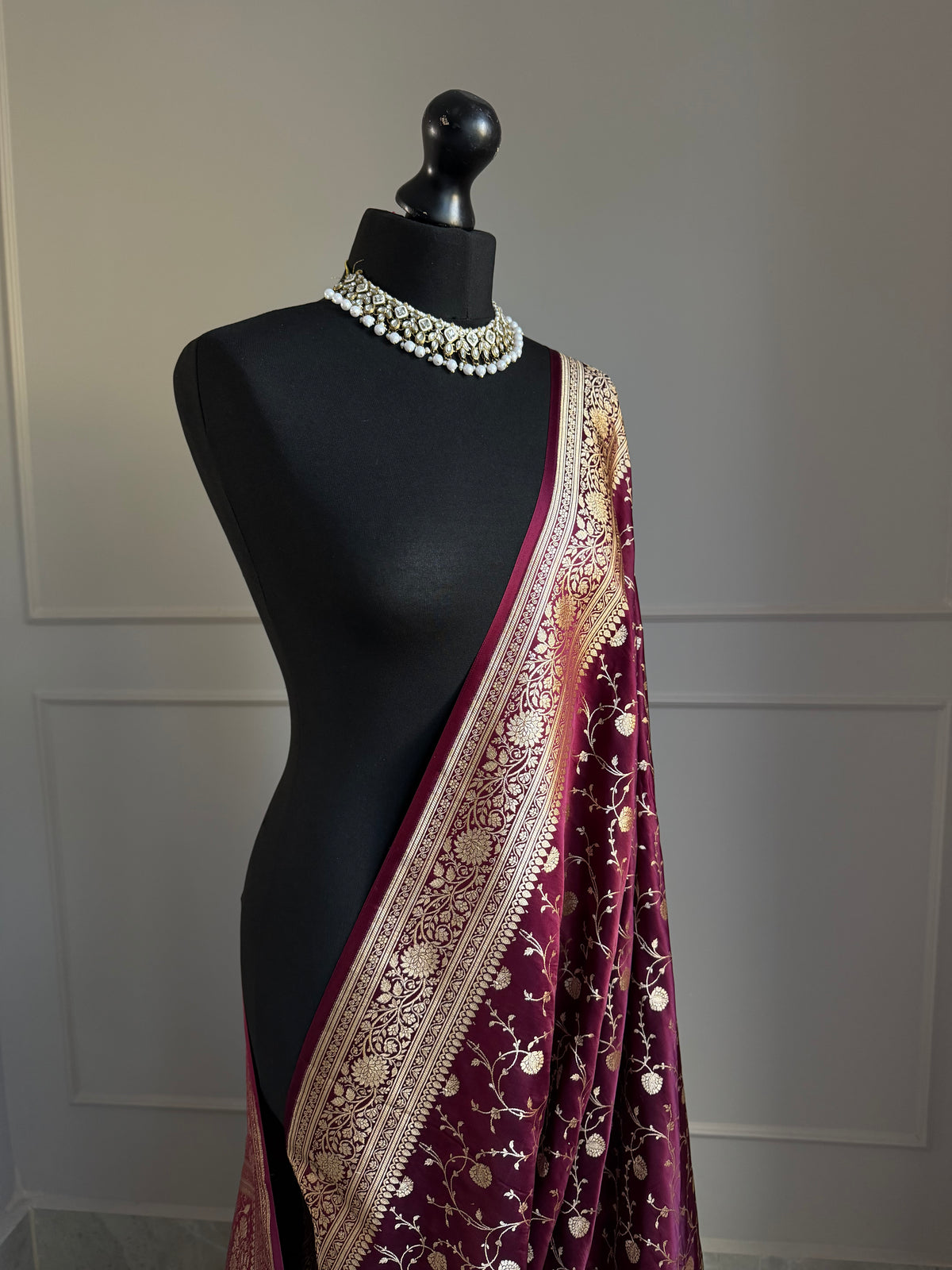 Deep Burgundy Banarasi Silk Saree with Intricate Gold Zari Floral Weave | Wine Maroon Indian Wedding & Occasion Saree