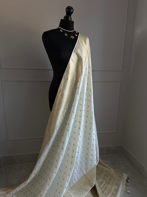 Ivory Banarasi Katan Silk Saree with Gold Zari