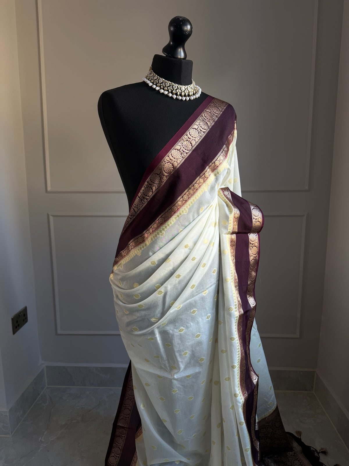 Off white double gold and brown border saree with gold zari