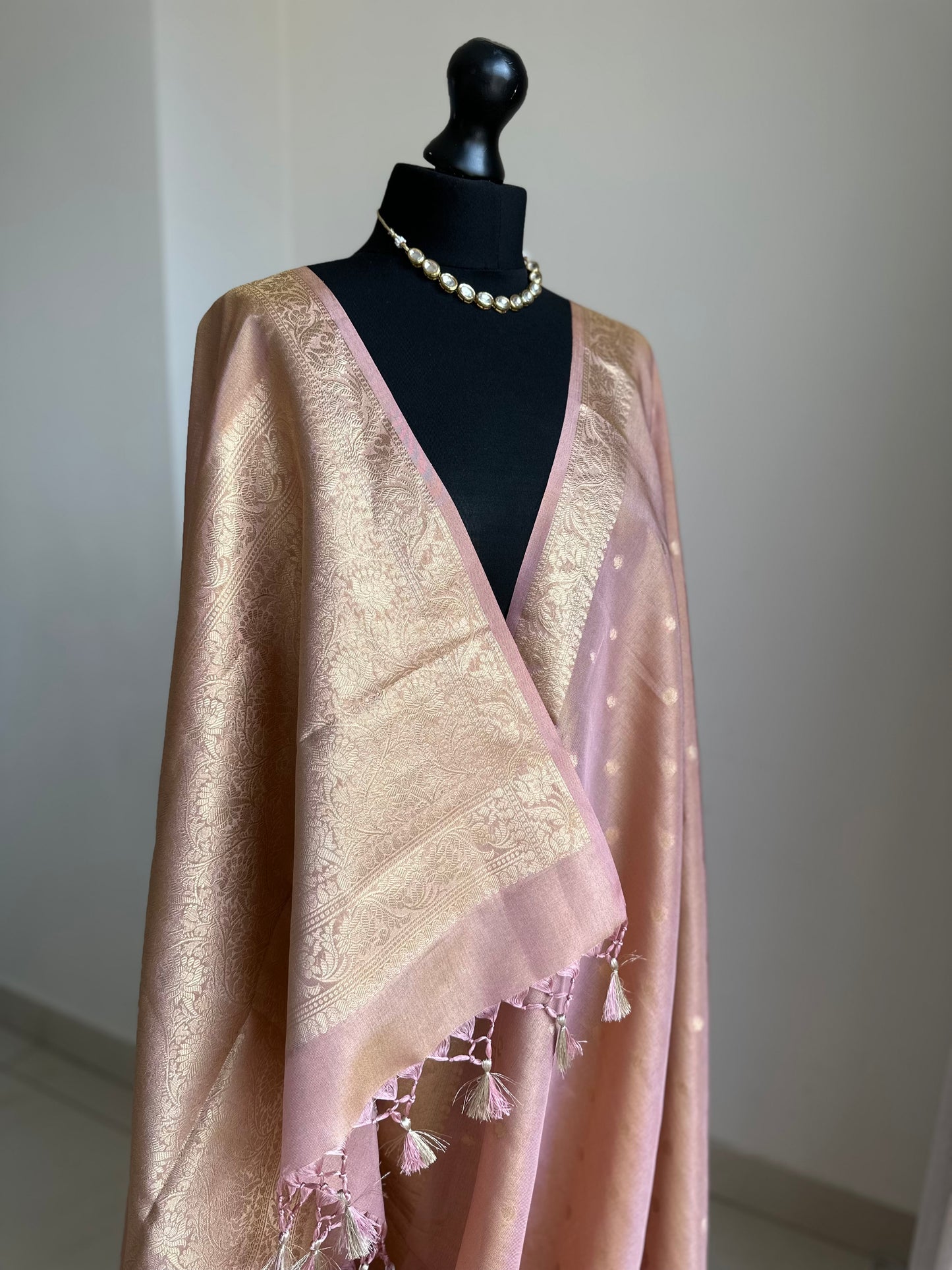 Dual-toned pink and Gold Tissue Saree: Soft to drape with zari border and buta, Unstitched brocade Blouse, Wedding Events