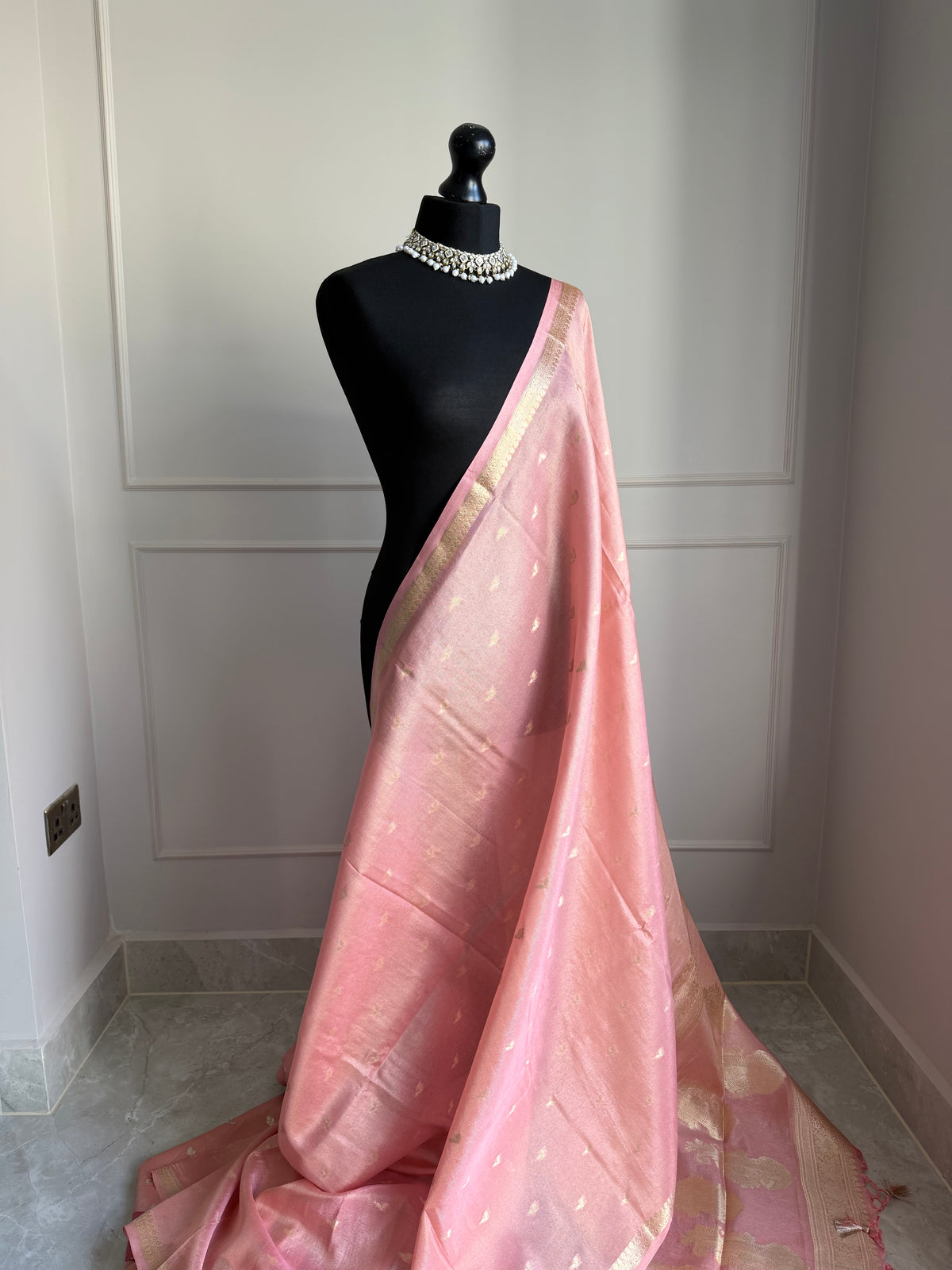 Romantic tissue silk saree in pretty pink and gold zari
