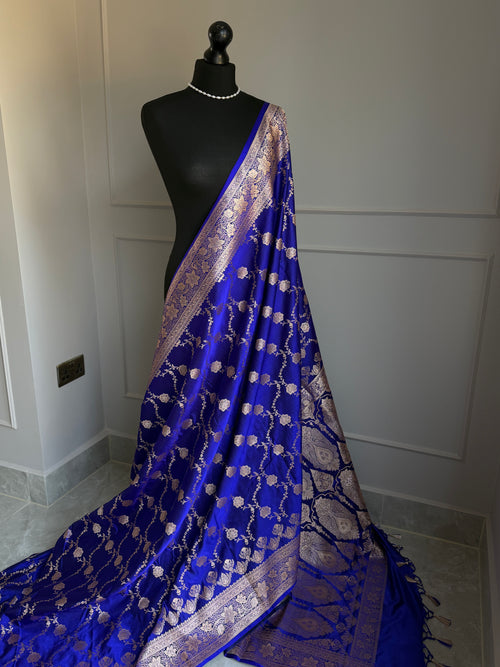 Indigo blue satin finish Banarasi silk saree with intricate work