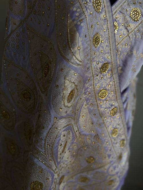 Lilac Banarasi Saree with Champagne Gold Zari and Cutdana Work