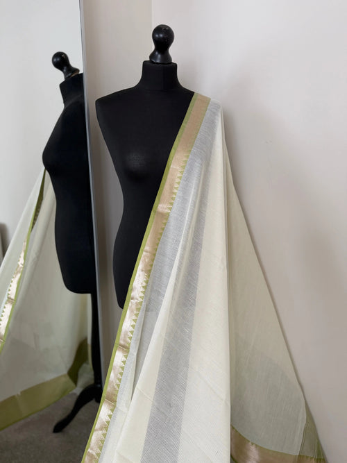 White Cotton Saree with Green Zari Border