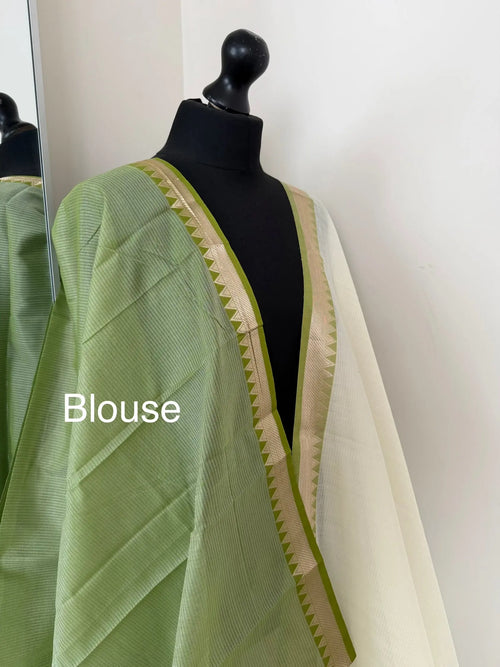 White Cotton Saree with Green Zari Border
