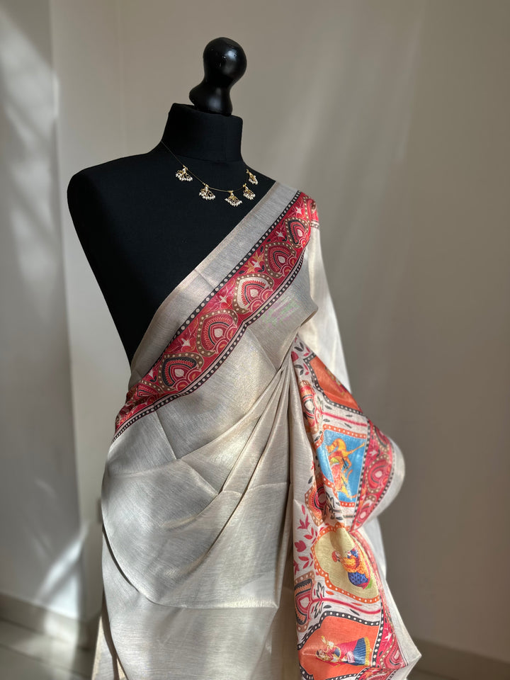 Art tissue silk saree in cream with kalamkari border - LaiLai Sarees