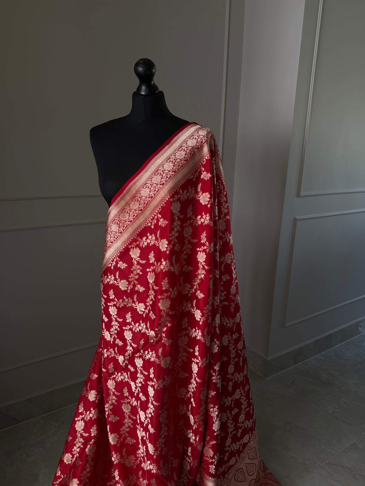 Pure Banarasi silk koorai saree in true red with gold zari handwoven Kadhua wedding saree bridal and festive wear