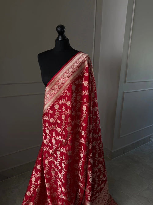 True Red Pure Banarasi Koorai Saree with Gold Zari