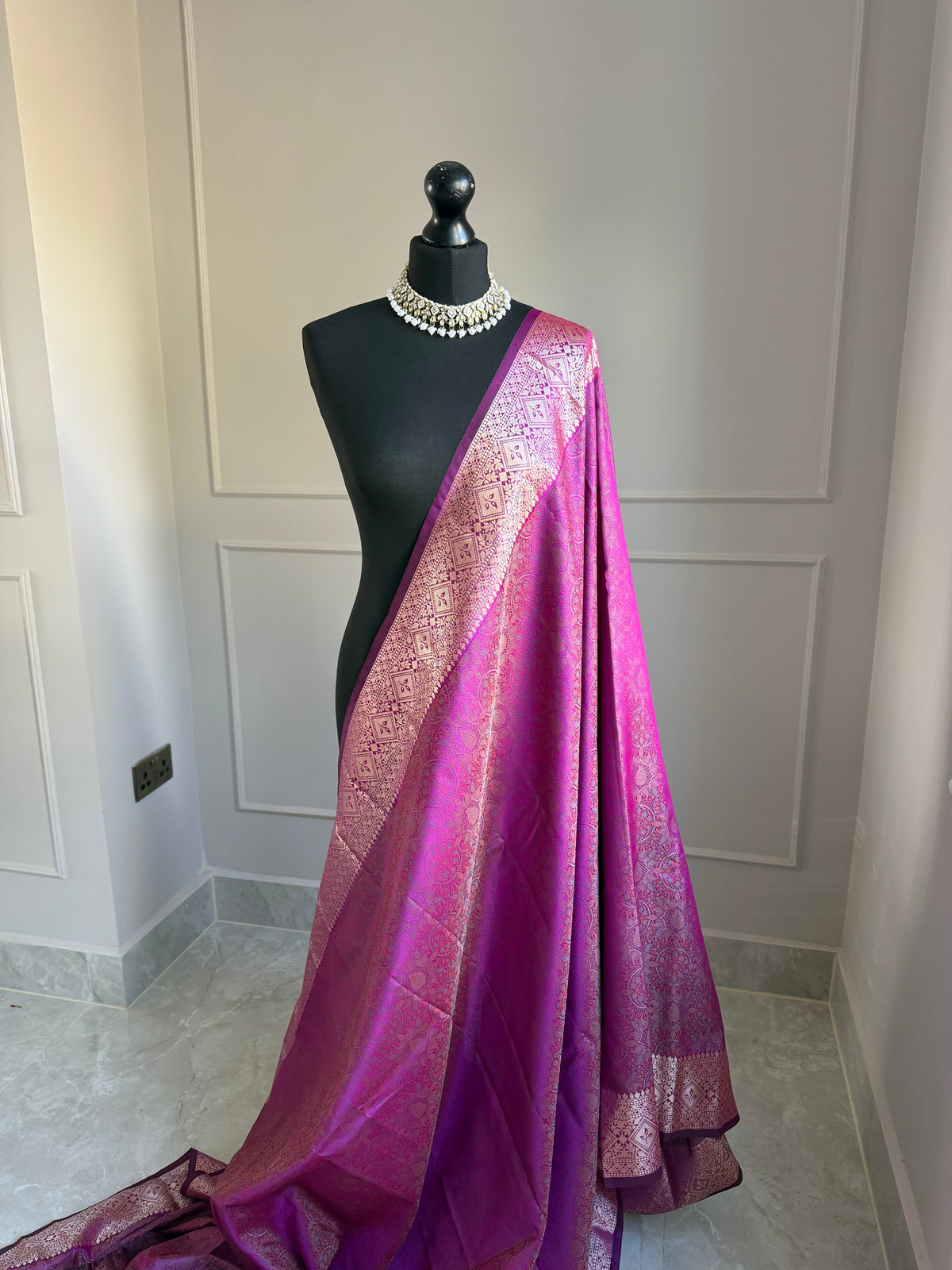 Magenta Jamdani weave soft silk saree
