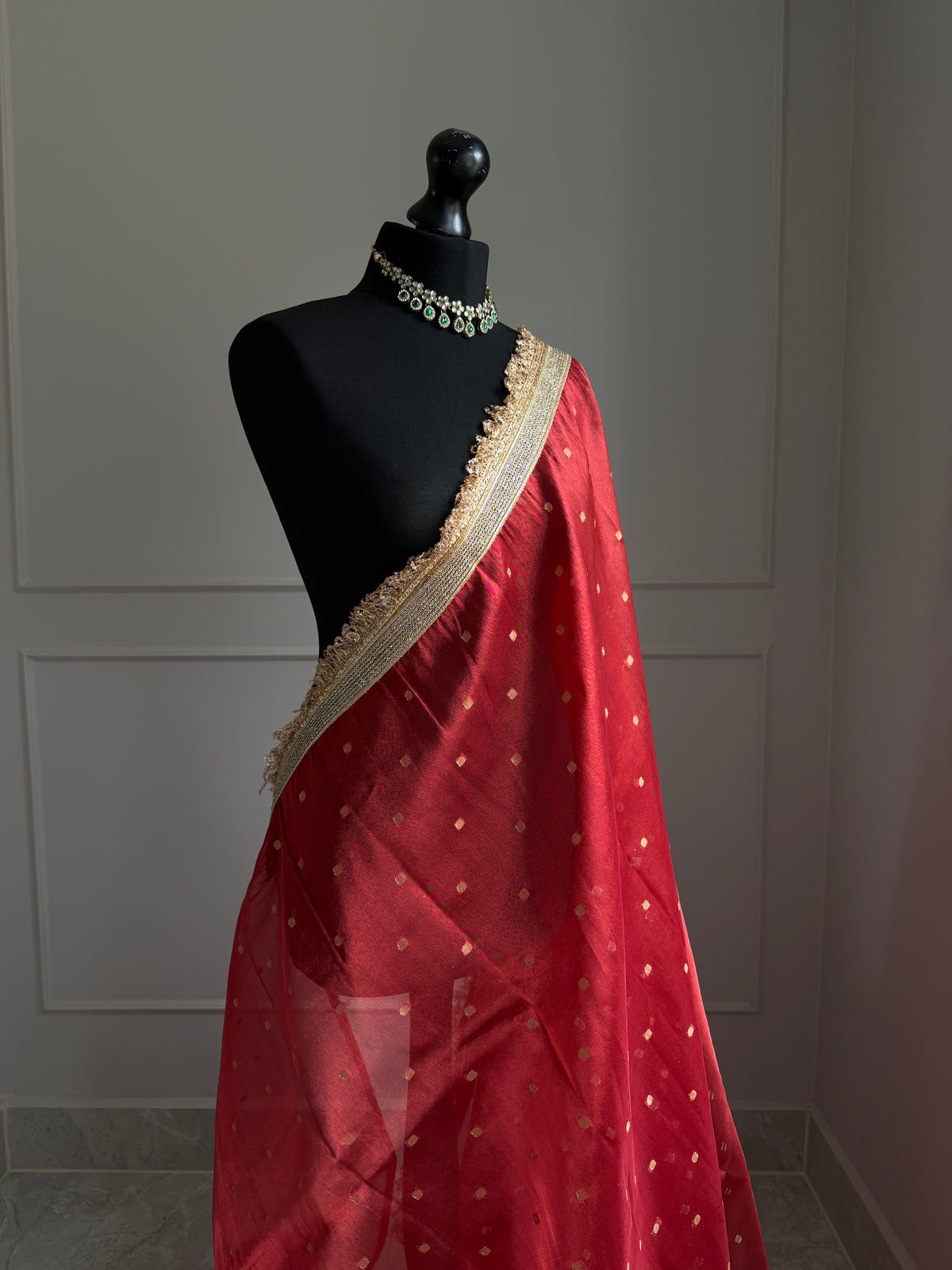 Red and Gold Tissue Saree with Unstitched Blouse