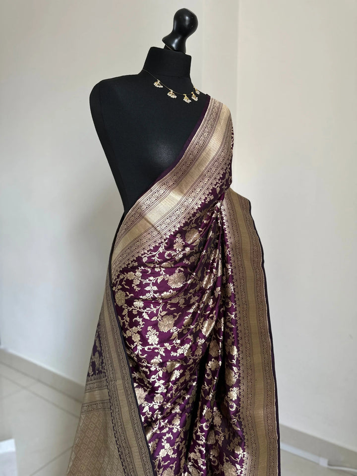 Elegant deep wine pure silk Banarasi saree with intricate gold zari work and floral motifs, perfect for weddings and festive occasions Etsy