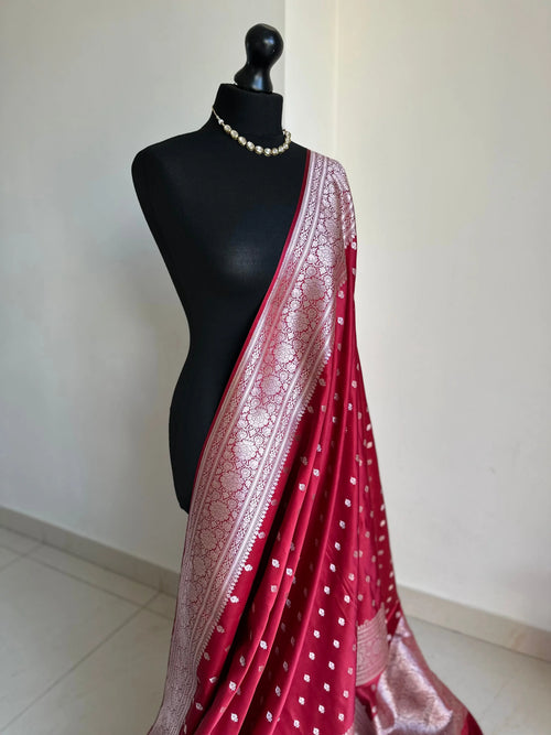 Sample Sale: Vintage Red Banarasi Silk Saree with Gold Zari. Comes with Readymade blouse size 8
