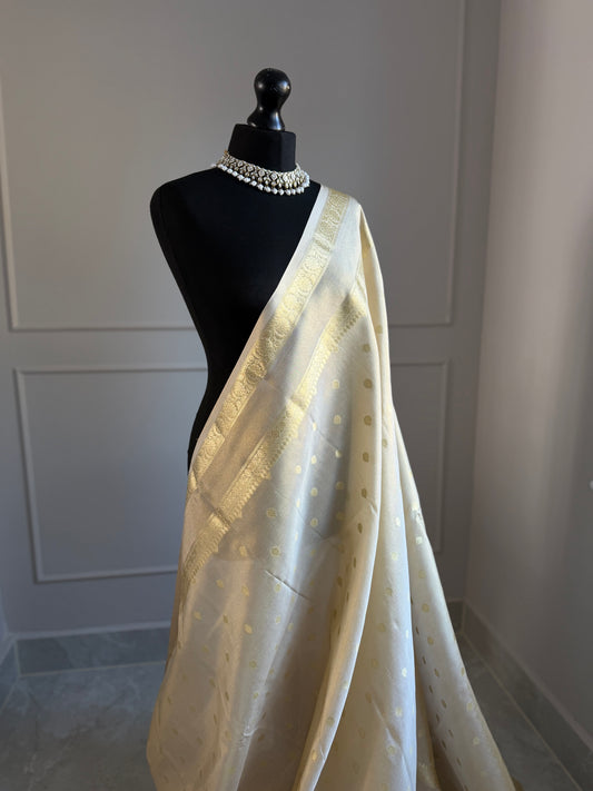 Cream Tissue Silk Saree with Gold Zari Border  Wedding Saree | Cream & Gold Silk Saree | Traditional Saree