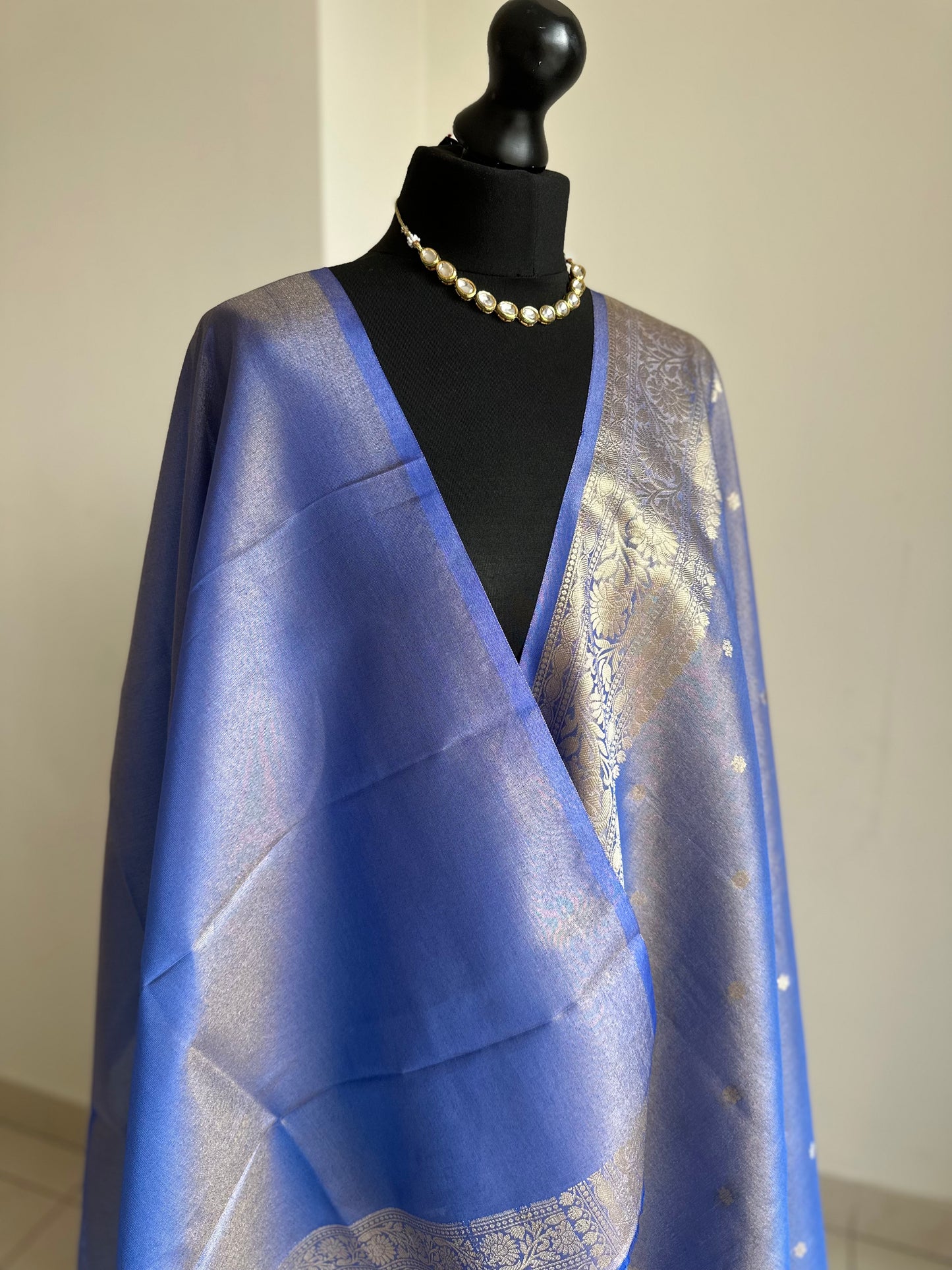 Blue banarasi tissue silk saree with gold zari border