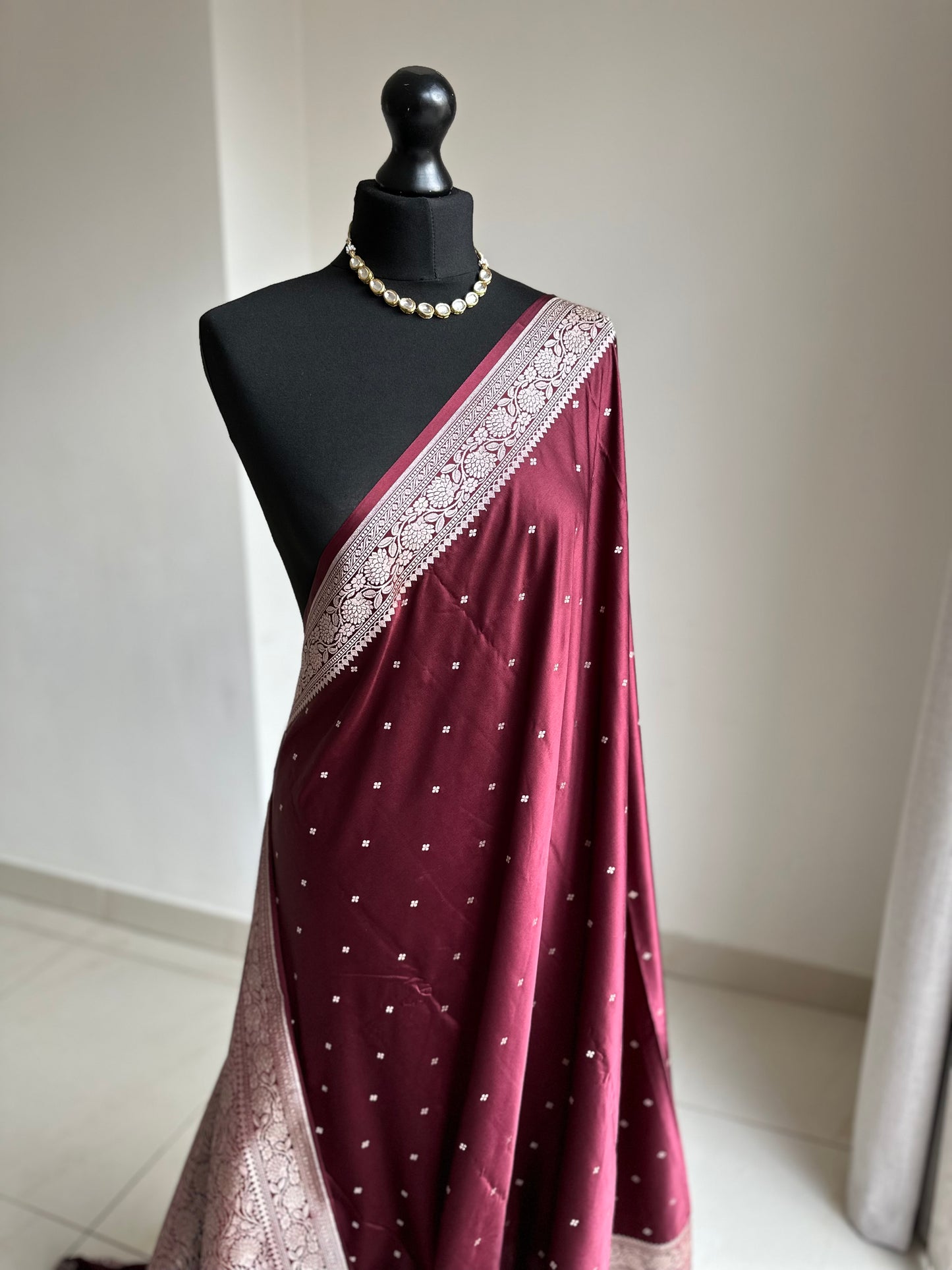 Banarasi katan silk wedding saree in maroon, with champagne gold Zari