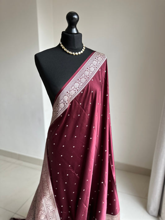 Banarasi katan silk wedding saree in maroon, with champagne gold Zari