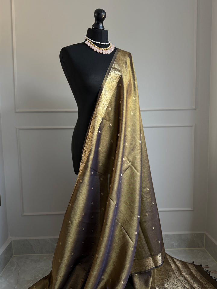 Dual tone tissue silk saree with zari border and brocade blouse - LaiLai Sarees