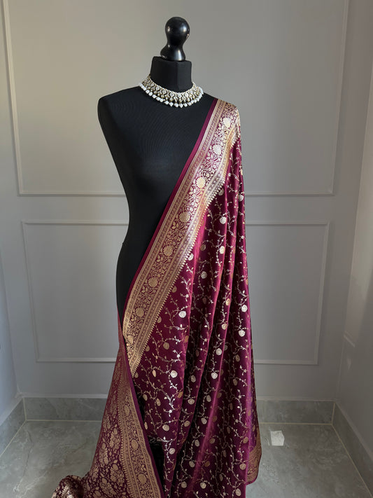 Deep Burgundy Banarasi Silk Saree with Intricate Gold Zari Floral Weave | Wine Maroon Indian Wedding & Occasion Saree