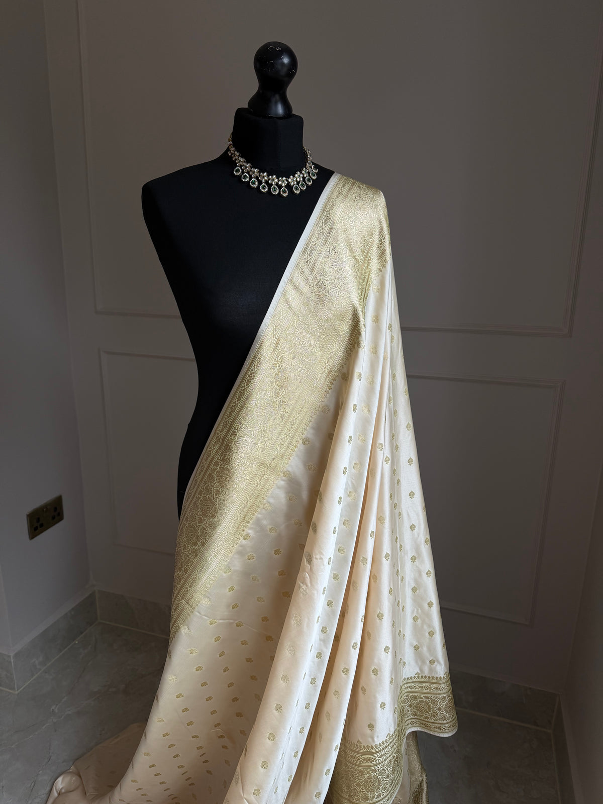 Cream Banarasi Katan Silk Saree with Gold Zari