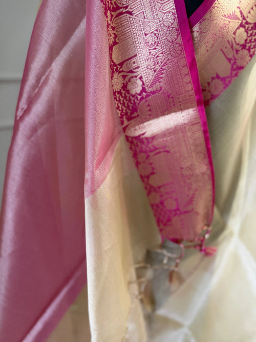 Pink and Cream Soft Tissue Saree with Unstitched Blouse