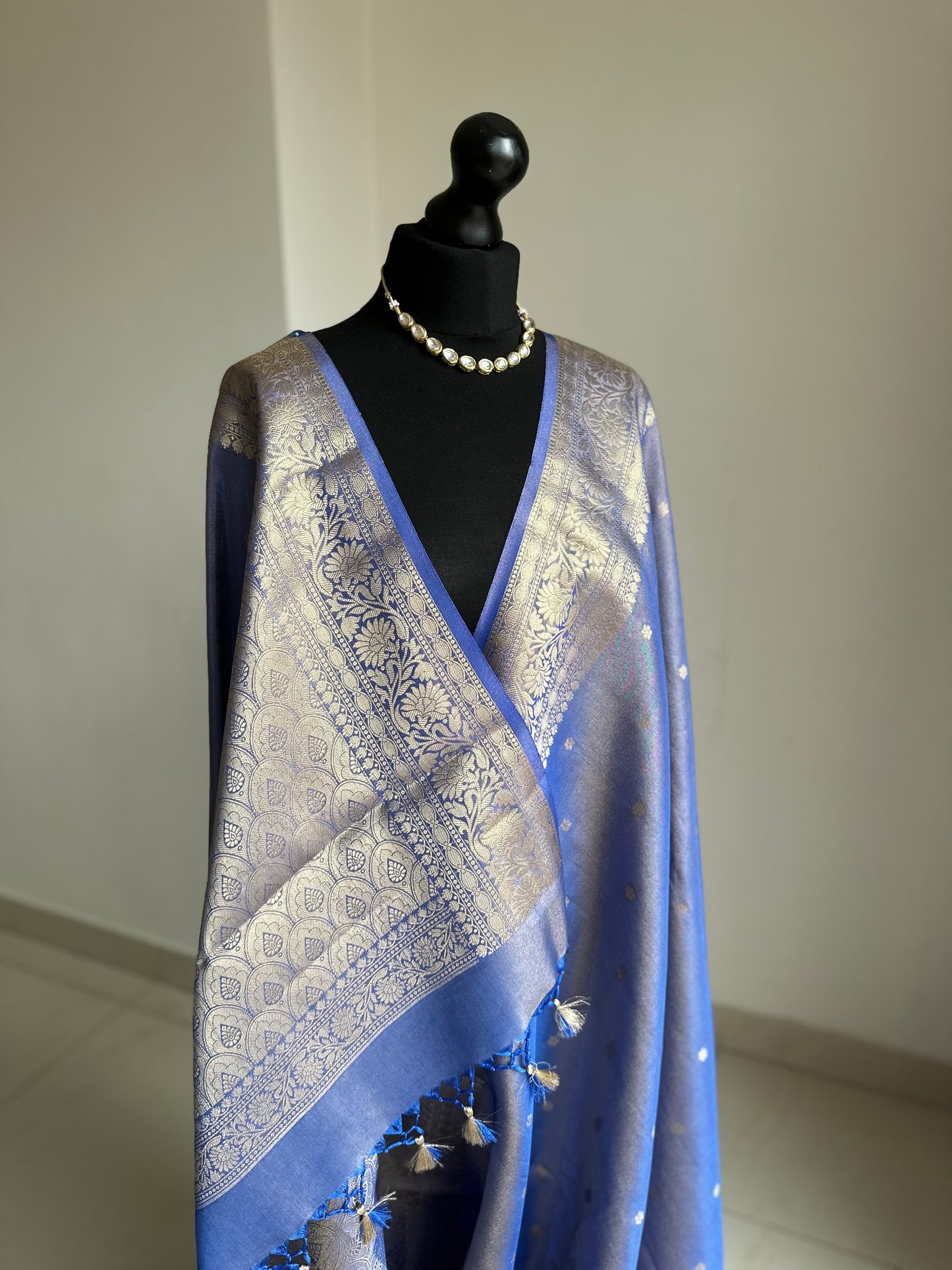 Blue banarasi tissue silk saree with gold zari border