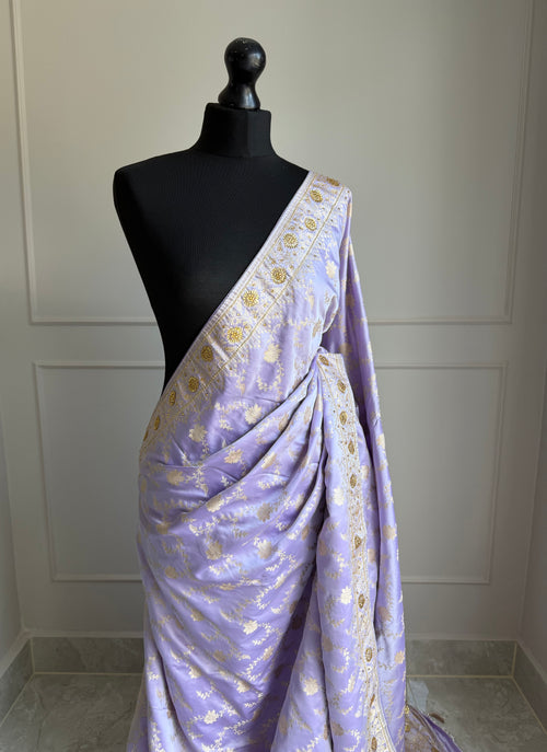 Lilac Banarasi Saree with Champagne Gold Zari and Cutdana Work
