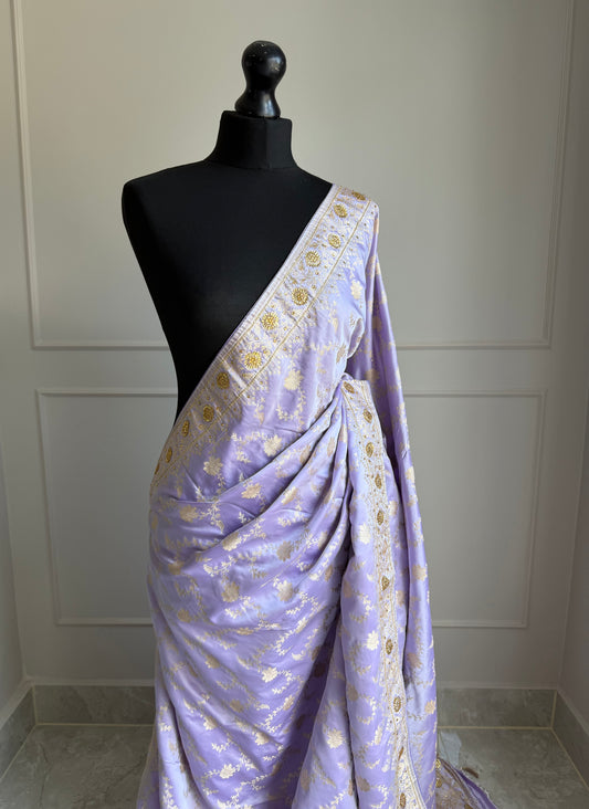 Elegant lilac Banarasi saree with champagne gold zari and cutdana work - LaiLai Sarees