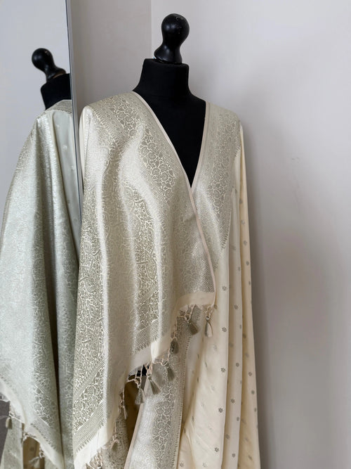 Cream Banarasi Silk Wedding Saree with Champagne Gold Zari