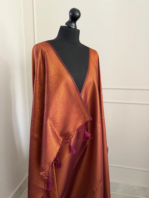 Chocolate Brown Soft Silk Saree with Copper Border