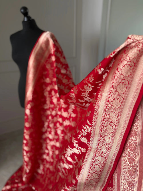 True Red Pure Banarasi Koorai Saree with Gold Zari